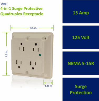 Heavy-Duty 15 Amp 125 Volt Surge Protected Quadruplex Receptacle - Industrial Grade