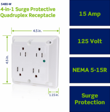 15 Amp 125 Volt Surge Protected Quadruplex Receptacle - Industrial Grade, White