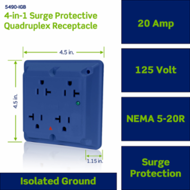 20 Amp Isolated Ground Quadruplex Receptacle Outlet, 125 Volt, NEMA 5-20R