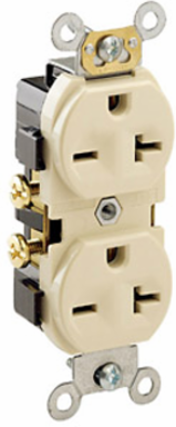 20 Amp Commercial Grade Duplex Receptacle, Self-Grounding, NEMA 6-20R, Ivory