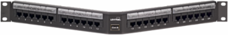 Cat 6 24-Port Angled 110-Style Patch Panel, 1RU, Black with Magnifying Lens Label Holder