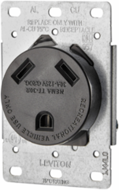 30 Amp Flush Mount Receptacle, 125 Volt, 2-Pole, High-Impact Thermoplastic