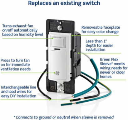 Decora In-Wall Humidity Sensor and Fan Control Switch, 1/4 HP, Residential Grade, Single Pole