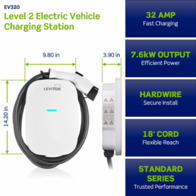 Level 2 Electric Vehicle Charger, 32 Amp, 7.6kW Output, 18 ft Cord