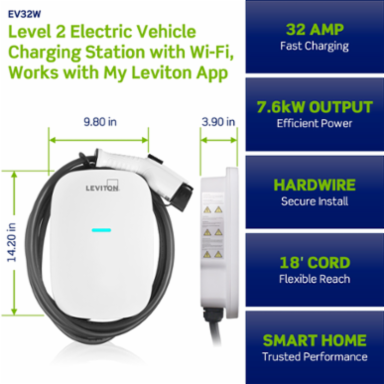 32 Amp Level 2 Electric Vehicle Charging Station with Wi-Fi, 7.6kW Output, 18 ft. Cable
