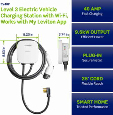 40 Amp Level 2 Electric Vehicle Charging Station With Wi-Fi, Works with My Leviton App, Plug-In