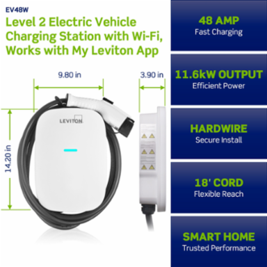 48 Amp Level 2 Electric Vehicle Charging Station, 11.6kW, 18 ft Cord, Wi-Fi Enabled