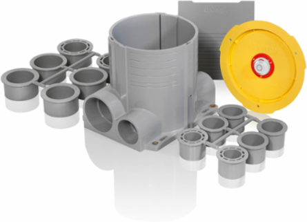 2-Gang Concrete Floor Box System, 6.25 Inch PVC, Data Hub 2 Inch, Power Hub 1.25 Inch