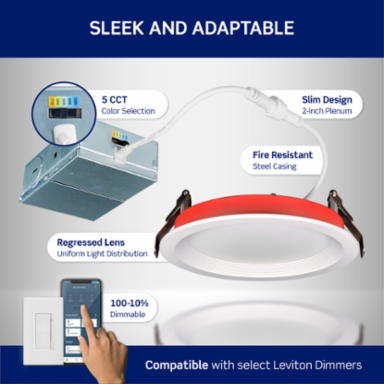 Fire-Rated Baffle Slim Downlight with Selectable CCT, 6-inch Round Aperture
