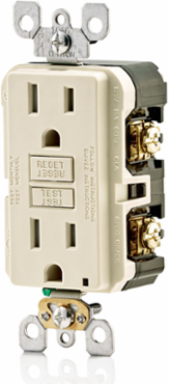 15 Amp, 125 Volt Receptacle/Outlet, 20 Amp Feed-Through, Tamper-Resistant, Self-test SmartlockPro GFCI, Monochromatic, back and side wired, midway sized nylon wallplate/faceplate, screws and self-grounding clip included - Light Almond