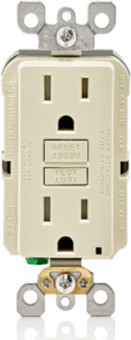 15 Amp, 125 Volt Receptacle/Outlet, 20 Amp Feed-Through, Tamper-Resistant, Self-test SmartlockPro GFCI, Monochromatic, back and side wired, midway sized nylon wallplate/faceplate, screws and self-grounding clip included - Light Almond