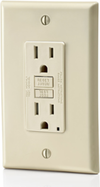 15 Amp, 125 Volt Receptacle/Outlet, 20 Amp Feed-Through, Tamper-Resistant, Self-test SmartlockPro GFCI, Monochromatic, back and side wired, midway sized nylon wallplate/faceplate, screws and self-grounding clip included - Light Almond