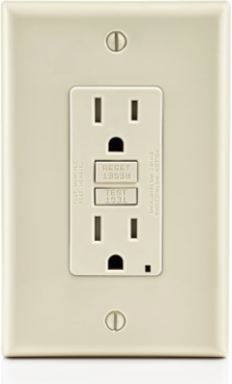 15 Amp, 125 Volt Receptacle/Outlet, 20 Amp Feed-Through, Tamper-Resistant, Self-test SmartlockPro GFCI, Monochromatic, back and side wired, midway sized nylon wallplate/faceplate, screws and self-grounding clip included - Light Almond