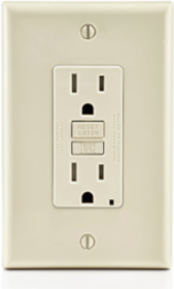 15 Amp, 125 Volt Receptacle/Outlet, 20 Amp Feed-Through, Tamper-Resistant, Self-test SmartlockPro GFCI, Monochromatic, back and side wired, midway sized nylon wallplate/faceplate, screws and self-grounding clip included - Light Almond