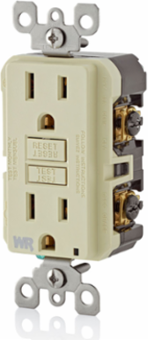 15 Amp, 125 Volt Receptacle/Outlet, 20 Amp Feed-Through, Self-test SmartlockPro Slim Weather-Resistant GFCI, Monochromatic, back and side wired, wallplate/faceplate sold separately - Ivory