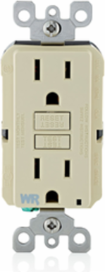 15 Amp, 125 Volt Receptacle/Outlet, 20 Amp Feed-Through, Self-test SmartlockPro Slim Weather-Resistant GFCI, Monochromatic, back and side wired, wallplate/faceplate sold separately - Ivory