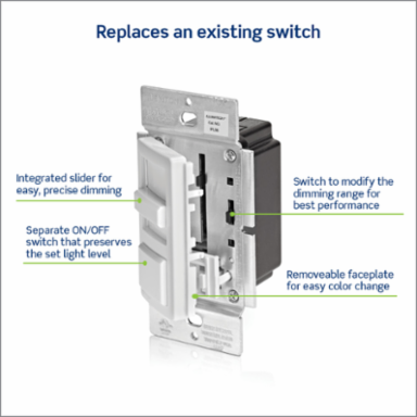 IllumaTech Dimmer Switch, 150W LED/600W Incandescent, Slide Control, 120VAC