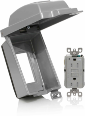 Weatherproof GFCI Receptacle Kit, 1 Gang, 15A, 125V, Aluminum, Gray
