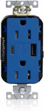 Lev-Lok Tamper-Resistant USB Receptacle 15A 125V with Dual USB Ports, Blue