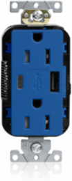 Lev-Lok Tamper-Resistant USB Receptacle 15A 125V with Dual USB Ports, Blue