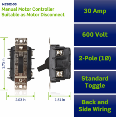 30 Amp 600 Volt 2-Pole AC Manual Motor Controller, Industrial Grade, Toggle Switch