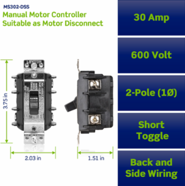 30 Amp 600 Volt 2-Pole AC Manual Motor Controller, Industrial Grade