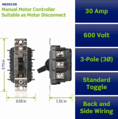 30 Amp 600 Volt 3-Pole AC Manual Motor Controller, Non-Grounding, Black