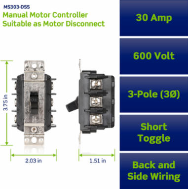 30 Amp AC Manual Motor Controller, 600 Volt, 3-Pole, Toggle Switch