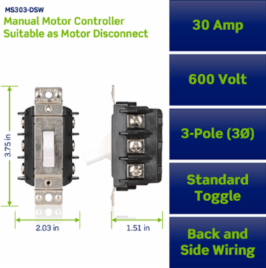 30 Amp 600 Volt 3-Pole AC Manual Motor Controller, Industrial Toggle Switch