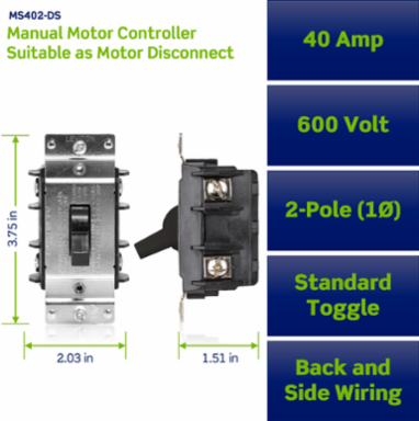 Industrial Manual Motor Controller, 40 Amp 600 Volt, 2-Pole, Thermoplastic Polyester