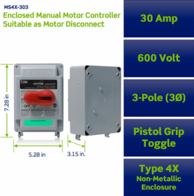 30 Amp 3-Pole Manual Motor Controller, 600 Volt, Type 4X, IP67 Rated