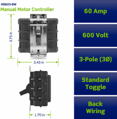 60 Amp Manual Motor Controller, 600 Volt, 3-Pole, Non-Grounding, Black