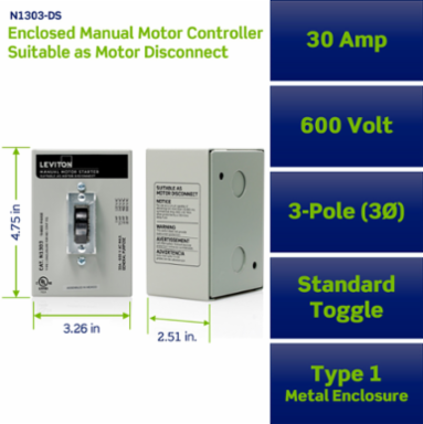 30 Amp 600 Volt Three-Pole AC Manual Motor Controller, Type 1 Enclosure