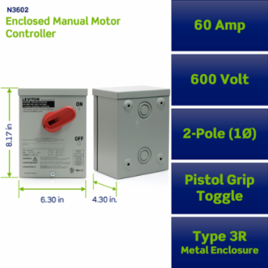 60 Amp 600 Volt 2-Pole Non-Fused Manual Motor Controller, Type 3R Enclosure