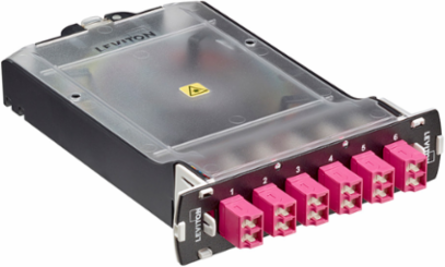 SDX Pigtail Fusion Fiber Splice Module pre-loaded with duplex Shuttered LC adapters (Heather Violet) and 12-fiber OM4 LC/PC individual pigtails. Includes heat shrink splice sleeves. Works with all SDX Enclosures