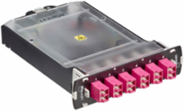 SDX Pigtail Fusion Fiber Splice Module pre-loaded with duplex Shuttered LC adapters (Heather Violet) and 12-fiber OM4 LC/PC individual pigtails. Includes heat shrink splice sleeves. Works with all SDX Enclosures