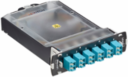 SDX Pigtail Fusion Fiber Splice Module pre-loaded with duplex Shuttered LC adapters (Aqua) and 12-fiber OM4 LC/PC individual pigtails. Includes heat shrink splice sleeves. Works with all SDX Enclosures