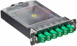 SDX Pigtail Fusion Fiber Splice Module pre-loaded with duplex Shuttered LC adapters (Green) and 12-fiber OS2 LC/APC individual pigtails. Includes heat shrink splice sleeves. Works with all SDX Enclosures
