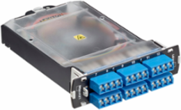 SDX Pigtail Fusion Fiber Splice Module pre-loaded with quad Shuttered LC adapters (Blue) and 24-fiber OS2 LC/PC individual pigtails. Includes heat shrink splice sleeves. Works with all SDX Enclosures