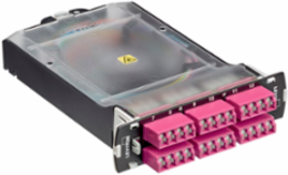 SDX Pigtail Fusion Fiber Splice Module pre-loaded with quad Shuttered LC adapters (Heather Violet) and 24-fiber OM4 LC/PC individual pigtails. Includes heat shrink splice sleeves. Works with all SDX Enclosures