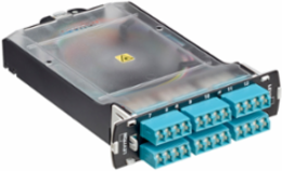 SDX Pigtail Fusion Fiber Splice Module pre-loaded with quad Shuttered LC adapters (Aqua) and 24-fiber OM4 LC/PC individual pigtails. Includes heat shrink splice sleeves. Works with all SDX Enclosures