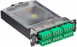SDX Pigtail Fusion Fiber Splice Module pre-loaded with quad Shuttered LC adapters (Green) and 24-fiber OS2 LC/APC individual pigtails. Includes heat shrink splice sleeves. Works with all SDX Enclosures