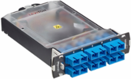 SDX Pigtail Fusion Fiber Splice Module pre-loaded with duplex SC adapters (Blue) and 12-fiber OS2 SC/PC individual pigtails. Includes heath shrink splice sleeves. Works with all SDX Enclosures