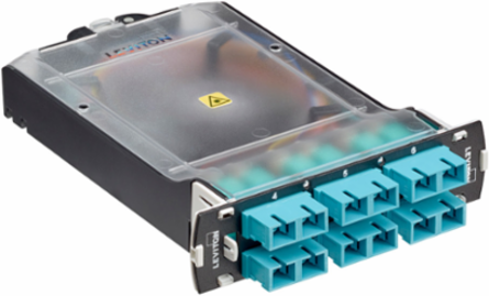 SDX Pigtail Fusion Fiber Splice Module pre-loaded with duplex SC adapters (Aqua) and 12-fiber OM4 SC/PC individual pigtails. Includes heath shrink splice sleeves. Works with all SDX Enclosures