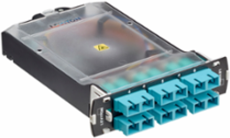 SDX Pigtail Fusion Fiber Splice Module pre-loaded with duplex SC adapters (Aqua) and 12-fiber OM4 SC/PC individual pigtails. Includes heath shrink splice sleeves. Works with all SDX Enclosures
