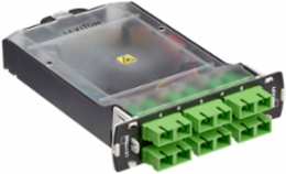 SDX Pigtail Fusion Fiber Splice Module pre-loaded with duplex SC adapters (Green) and 12-fiber OS2 SC/APC individual pigtails. Includes heath shrink splice sleeves. Works with all SDX Enclosures