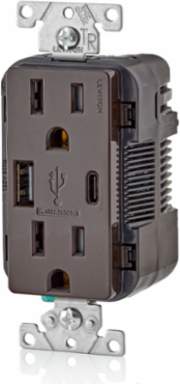 USB Type A/C Wall Outlet Charger with 15A Tamper-Resistant Outlet, Brown, 5.1A