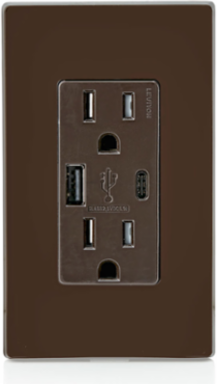 USB Type A/C Wall Outlet Charger with 15A Tamper-Resistant Outlet, Brown, 5.1A