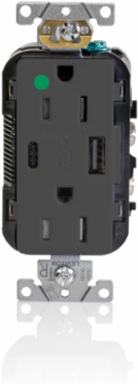 Tamper-Resistant USB Receptacle, 15 Amp, 125 Volt, Hospital Grade, Black