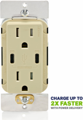 60W USB Dual Type-C Wall Outlet Charger with 15A Tamper-Resistant Outlet